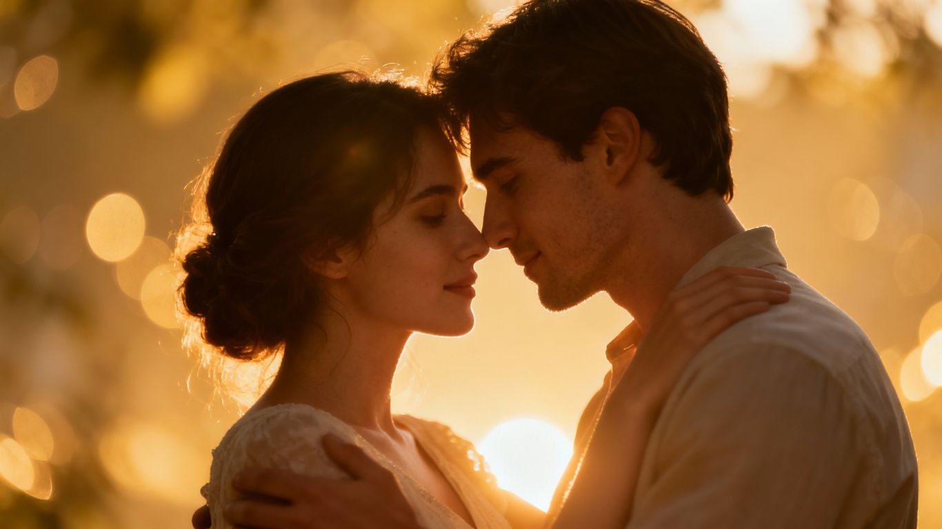 Couple embracing romantically with soft, glowing light.