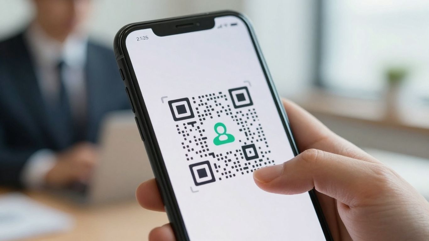 Smartphone displaying a QR code for customer reviews.