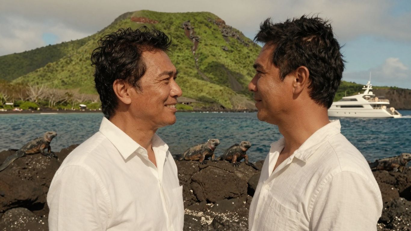 Galapagos yacht sailing near volcanic islands with marine iguanas.