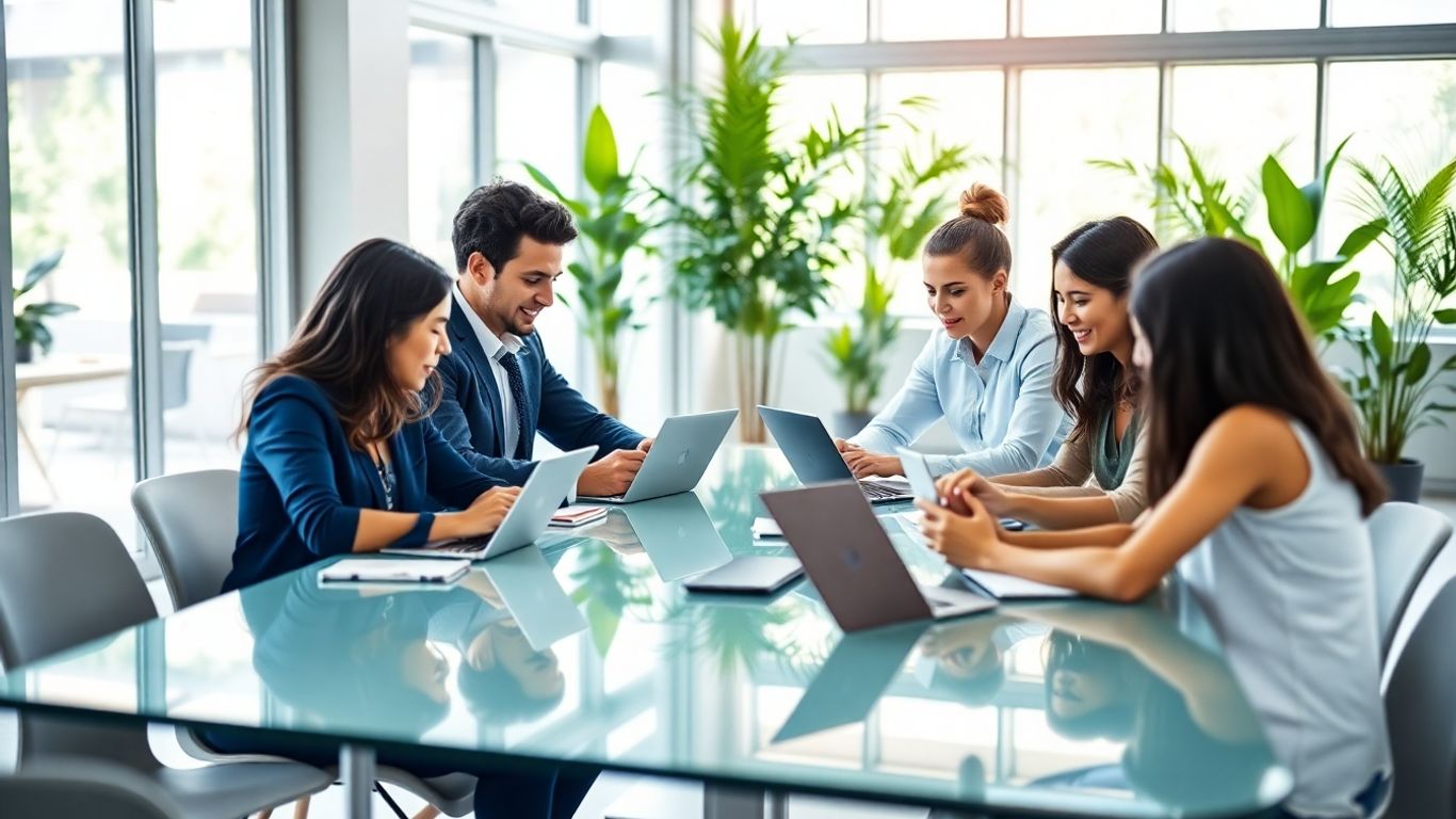 Diverse professionals working together in a modern B2B office.