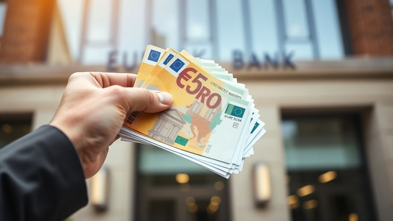 Main d'une personne tenant des billets d'euros devant une banque.