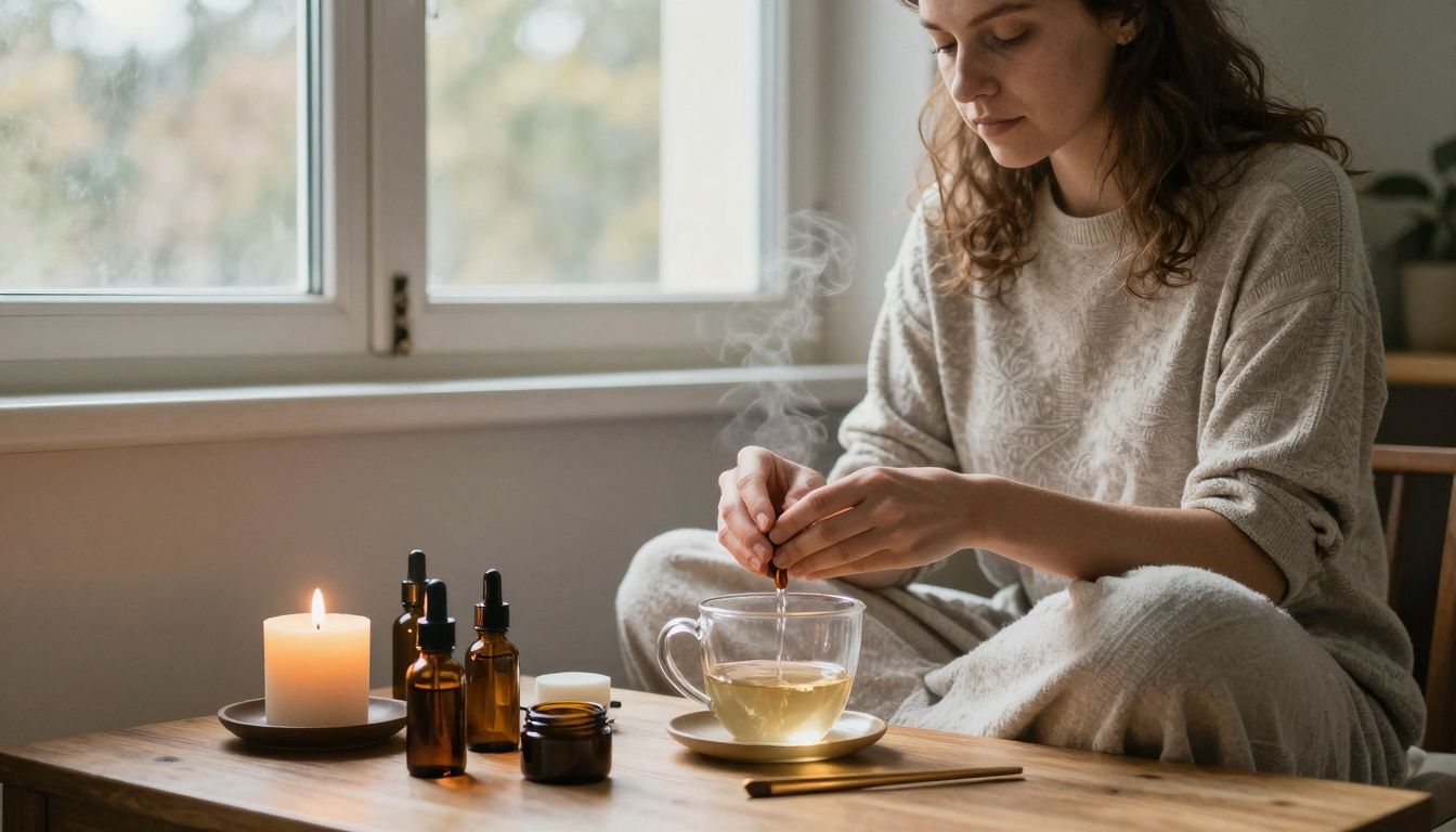 Mulher praticando rituais de autocuidado ao acordar, com luz natural entrando pela janela, rodeada de objetos de bem-estar, como vela e xícara de chá