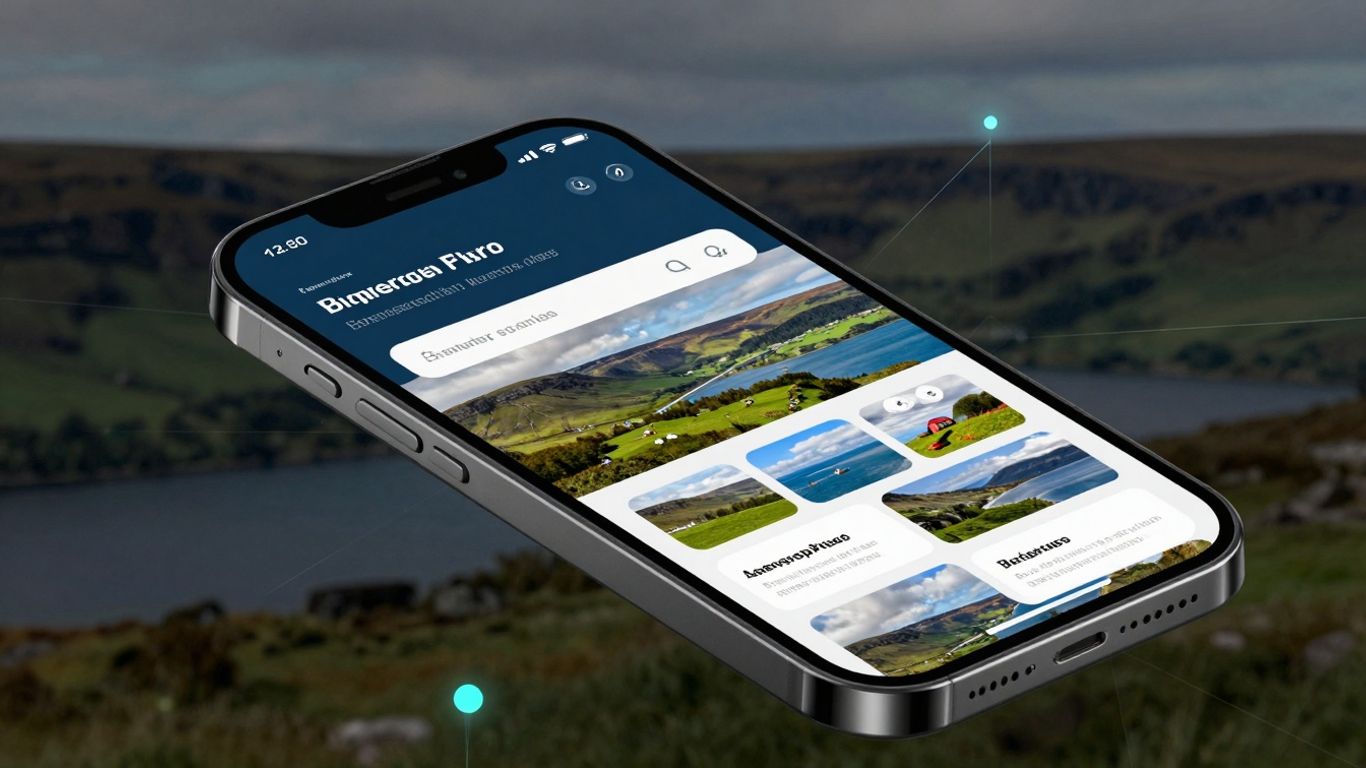 Smartphone showing responsive website with Irish backdrop.