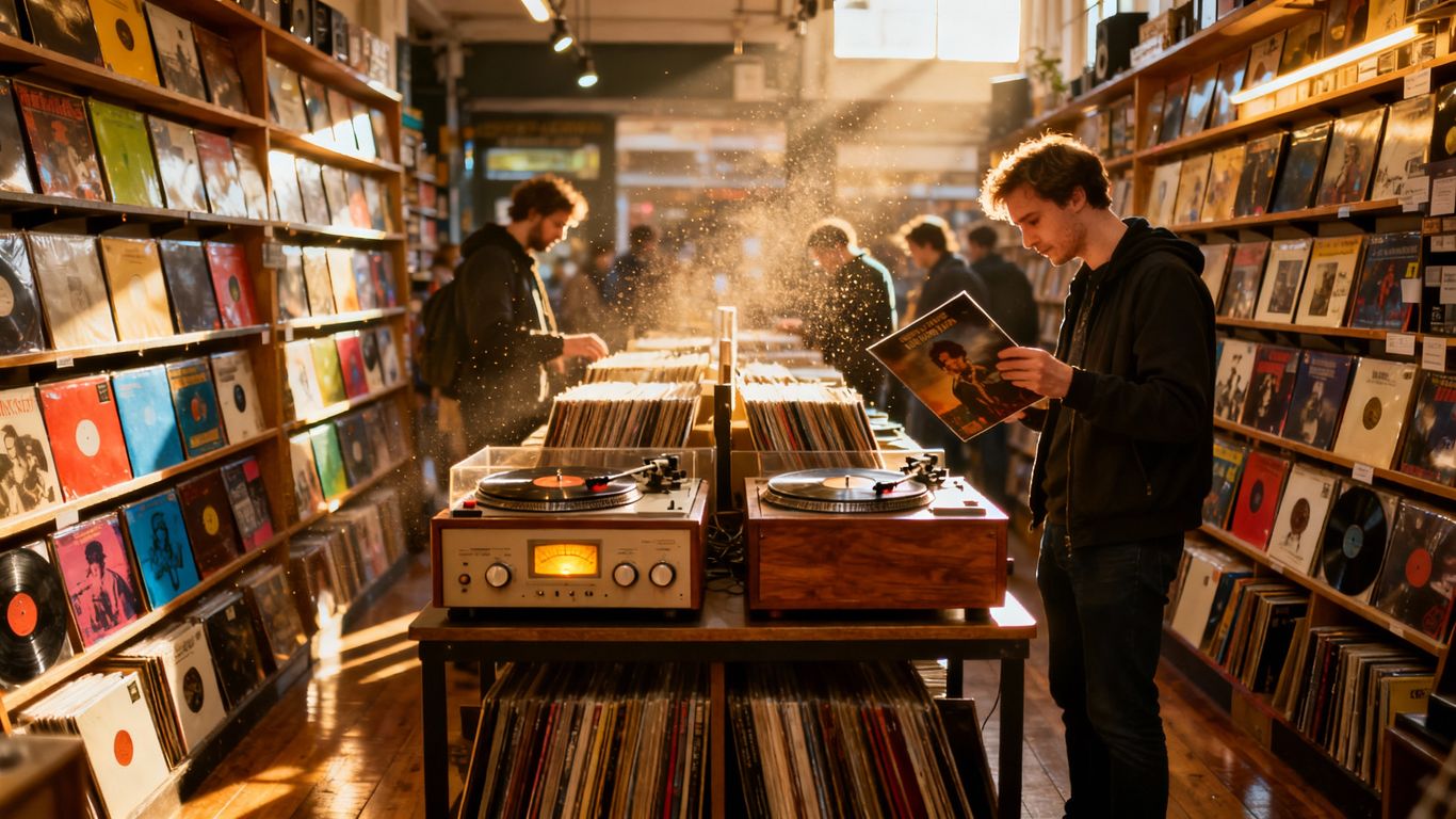 People browsing records in a colorful Camden vinyl shop.