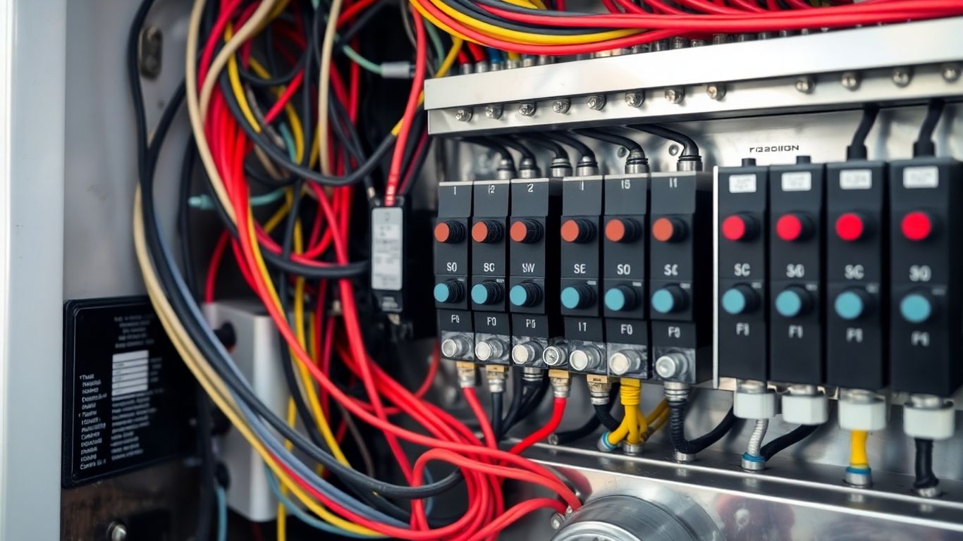 Boat electrical panel with wires and switches.