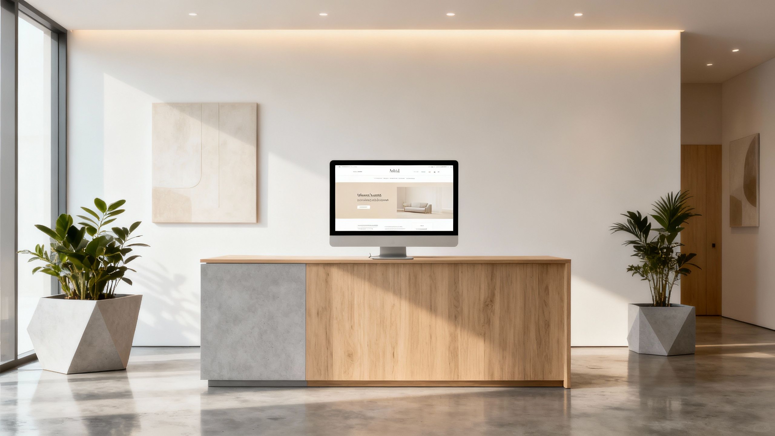 Aesthetic clinic reception desk with a computer displaying a website.