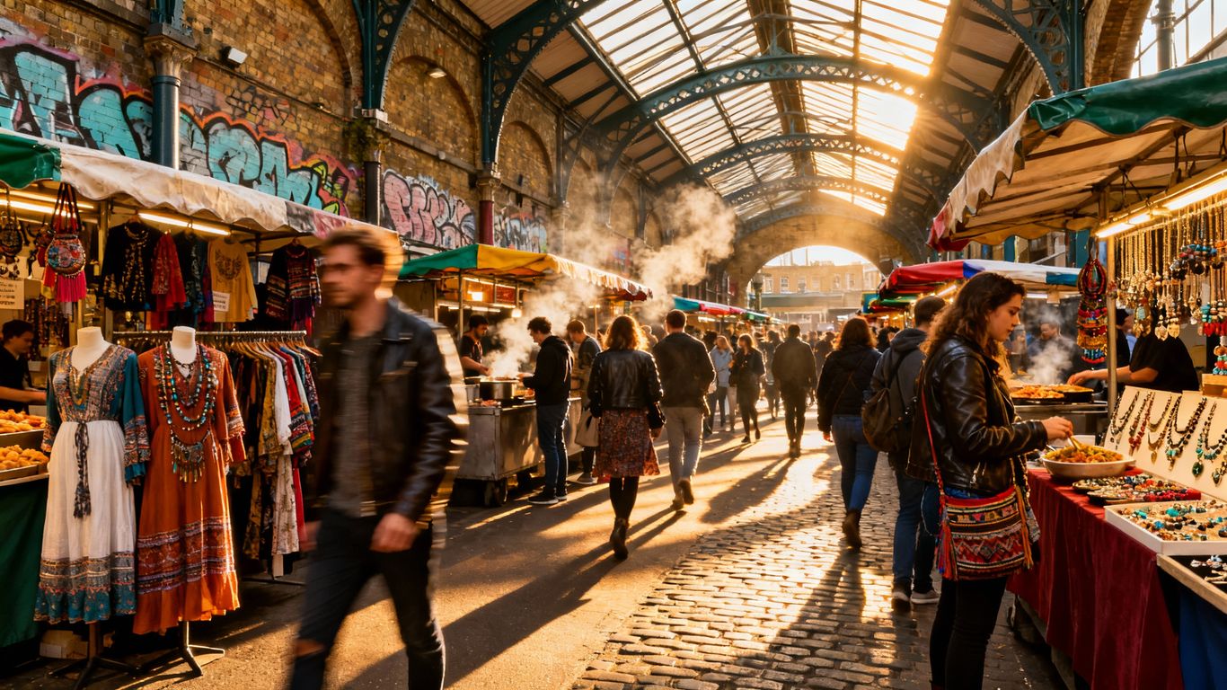 Camden Market stalls and crowds in London.