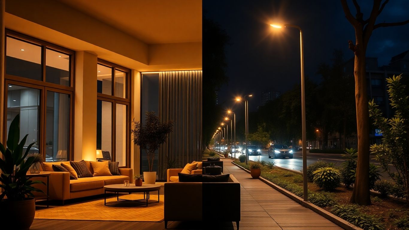 Cameră relaxantă luminată, stradă urbană cu lămpi ecologice nocturne.