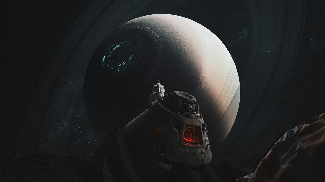Astronaut standing on alien planet with saturn-like planet above