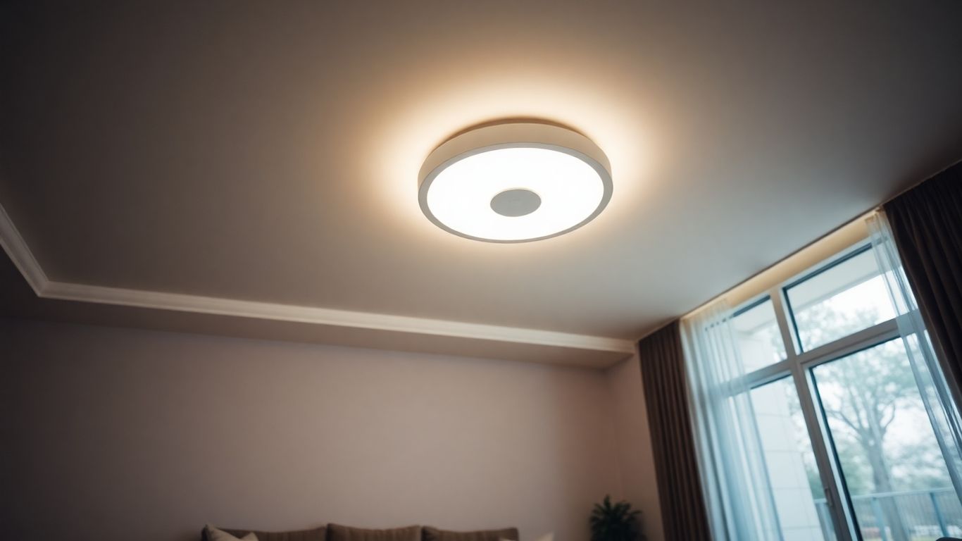 Motion sensor ceiling light illuminating a modern living room.