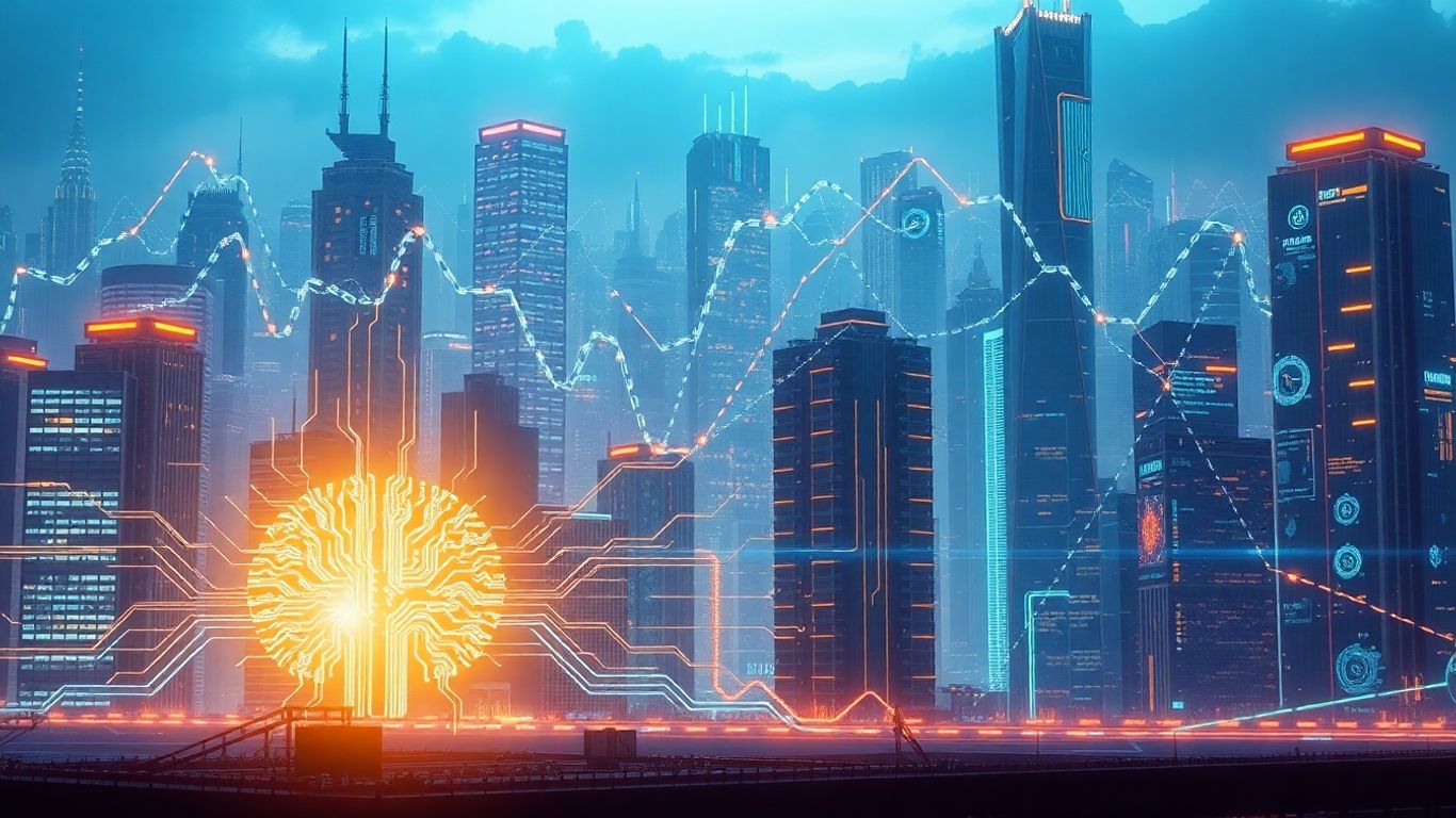Cérebro digital com circuitos em cidade futurista