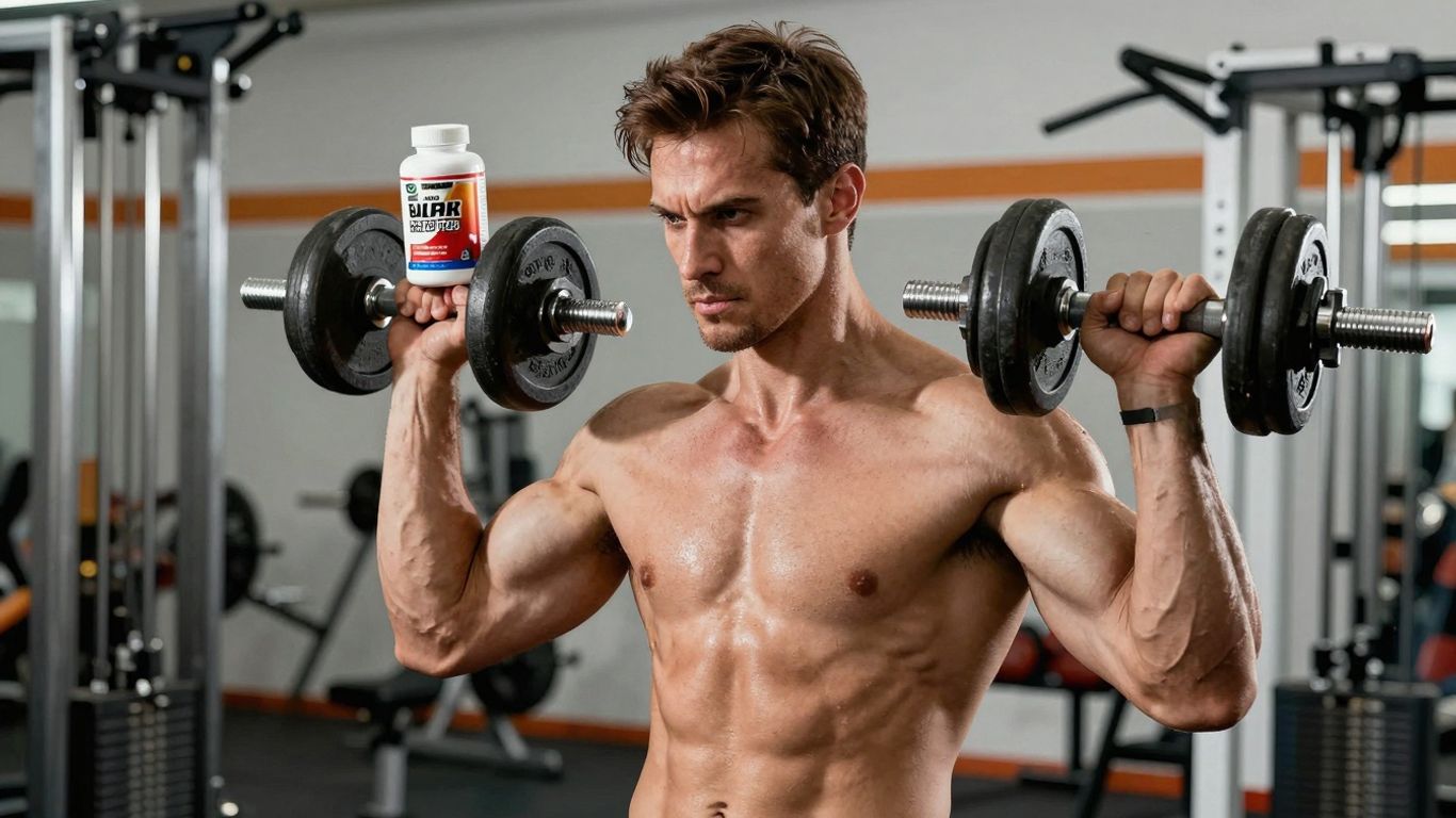 Homem musculoso com halteres e suplementos.