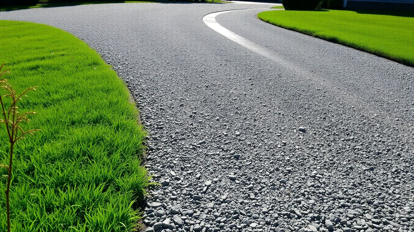 Newly laid gravel driveway with drainage channel.