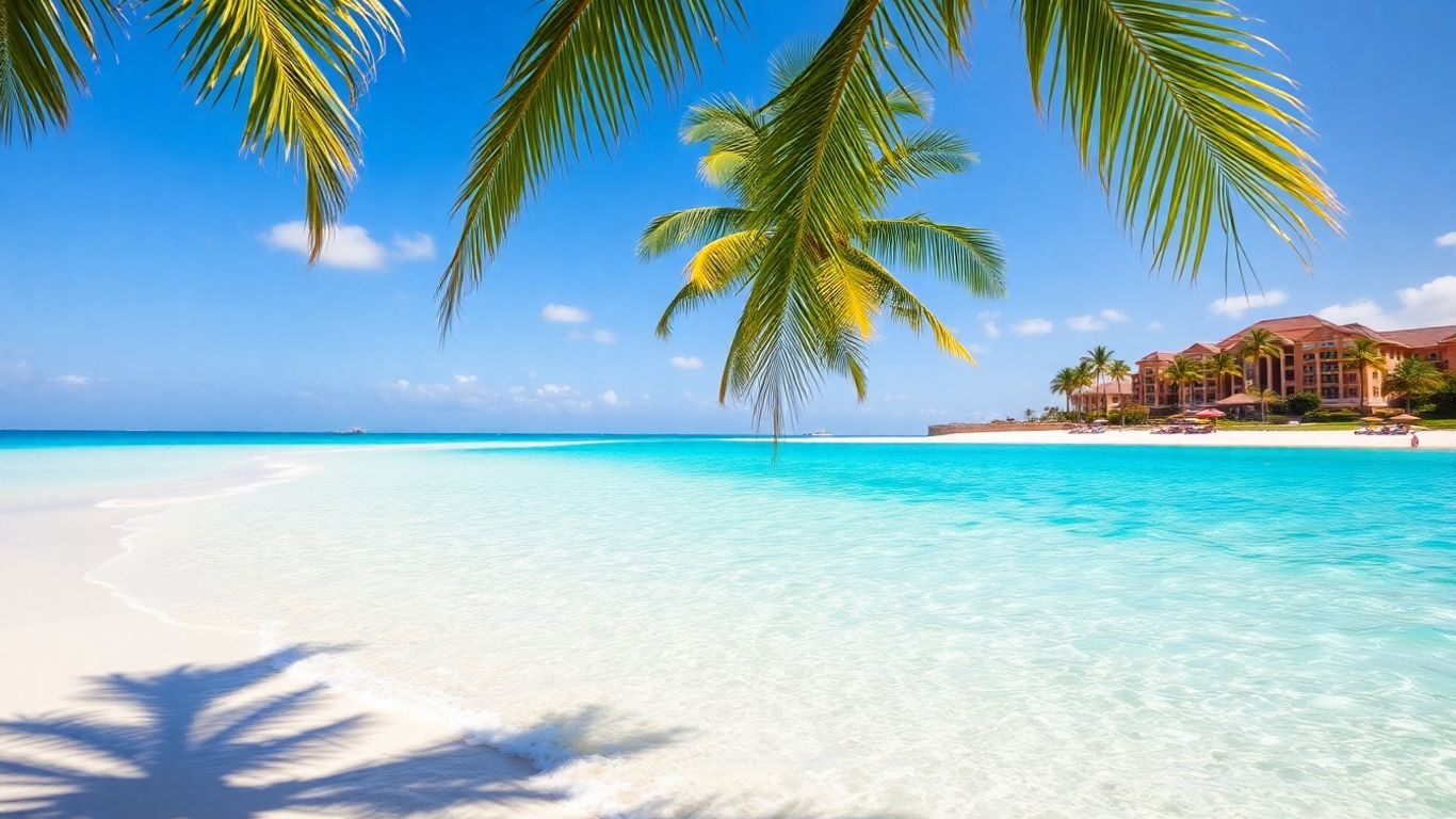 Beachfront resort with turquoise water and palm trees.