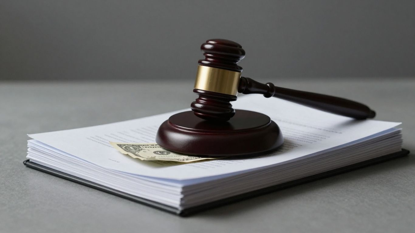 Gavel on legal documents with a crumpled dollar bill.