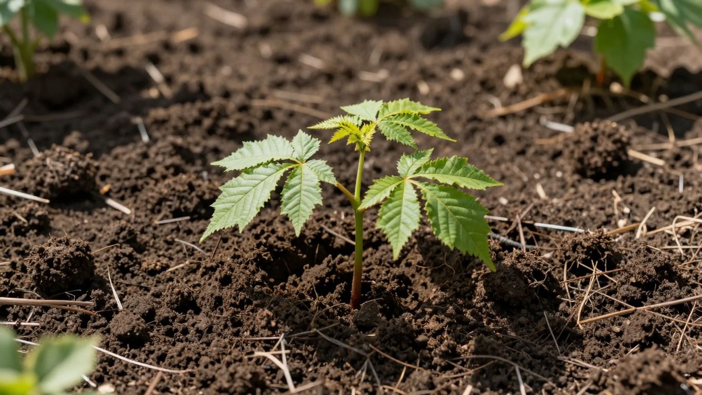 Castanheiro jovem plantado em solo fértil e escuro.