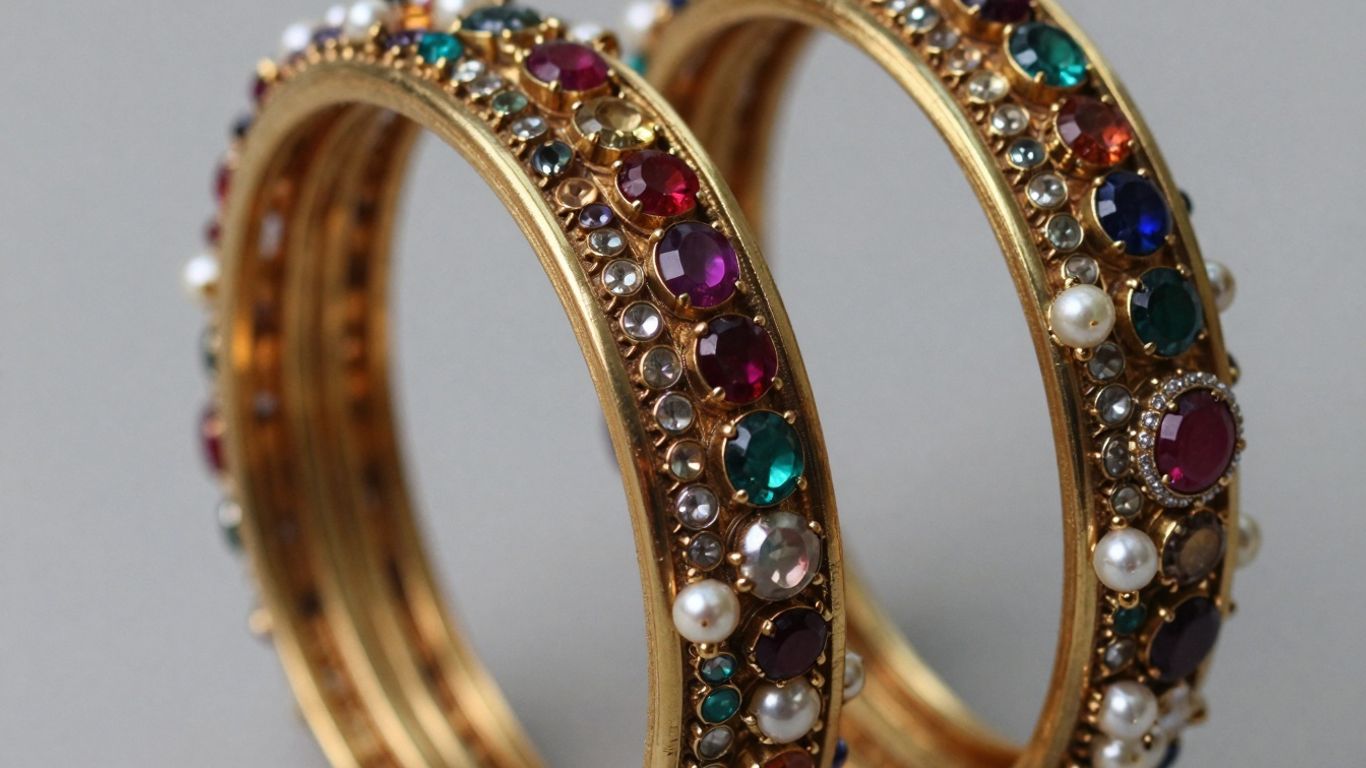 Close-up of ornate Kundan bangles with colorful gemstones.