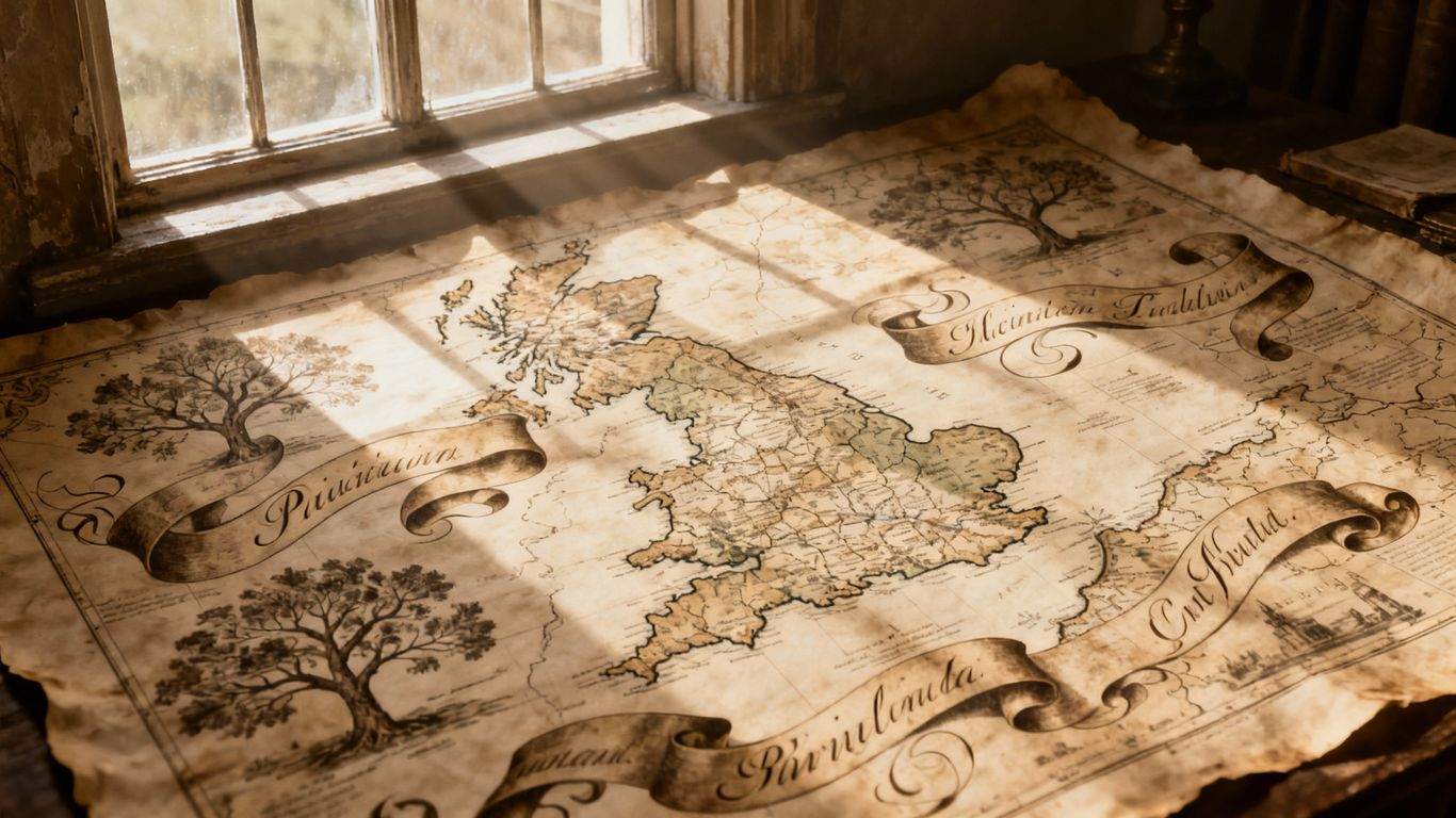 English map with calligraphy, family trees, and sunlight.