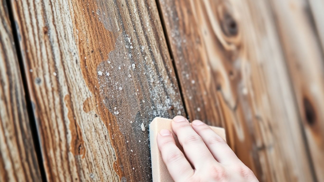Sanding a wooden surface for exterior painting preparation.
