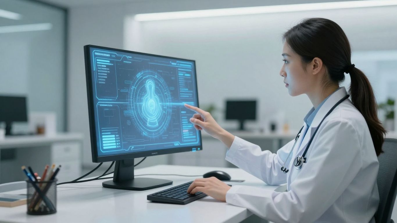 Healthcare professional using advanced AI medical scribe technology.