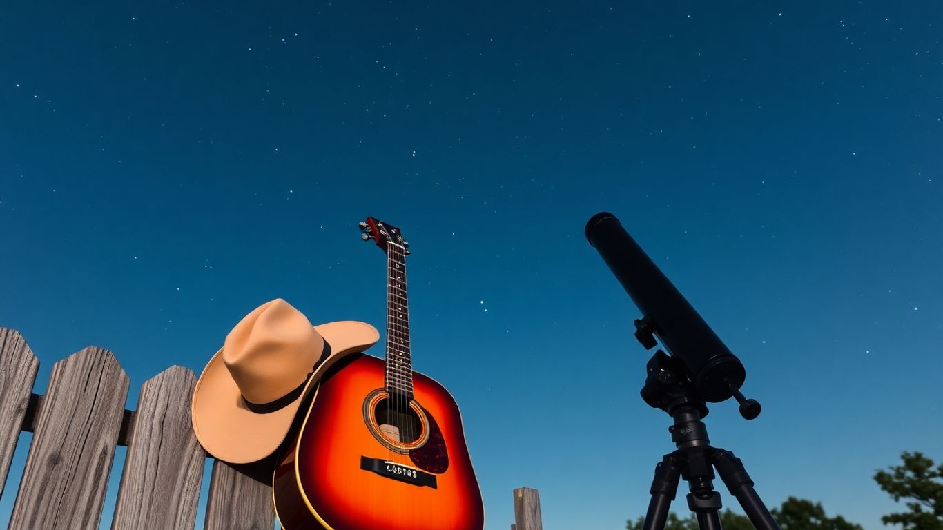 Guitar, telescope, cowboy hat under starry sky