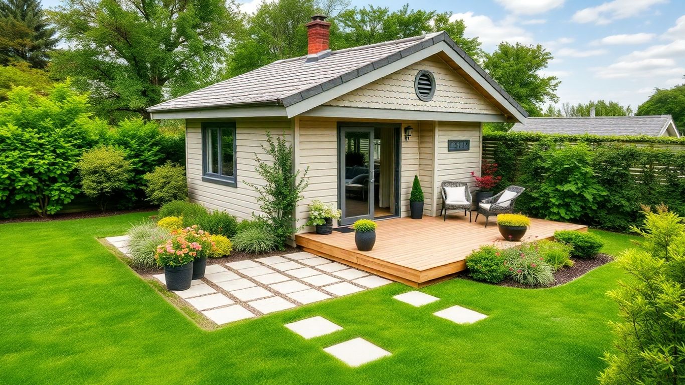 Casă mică cu grădină verde și materiale naturale