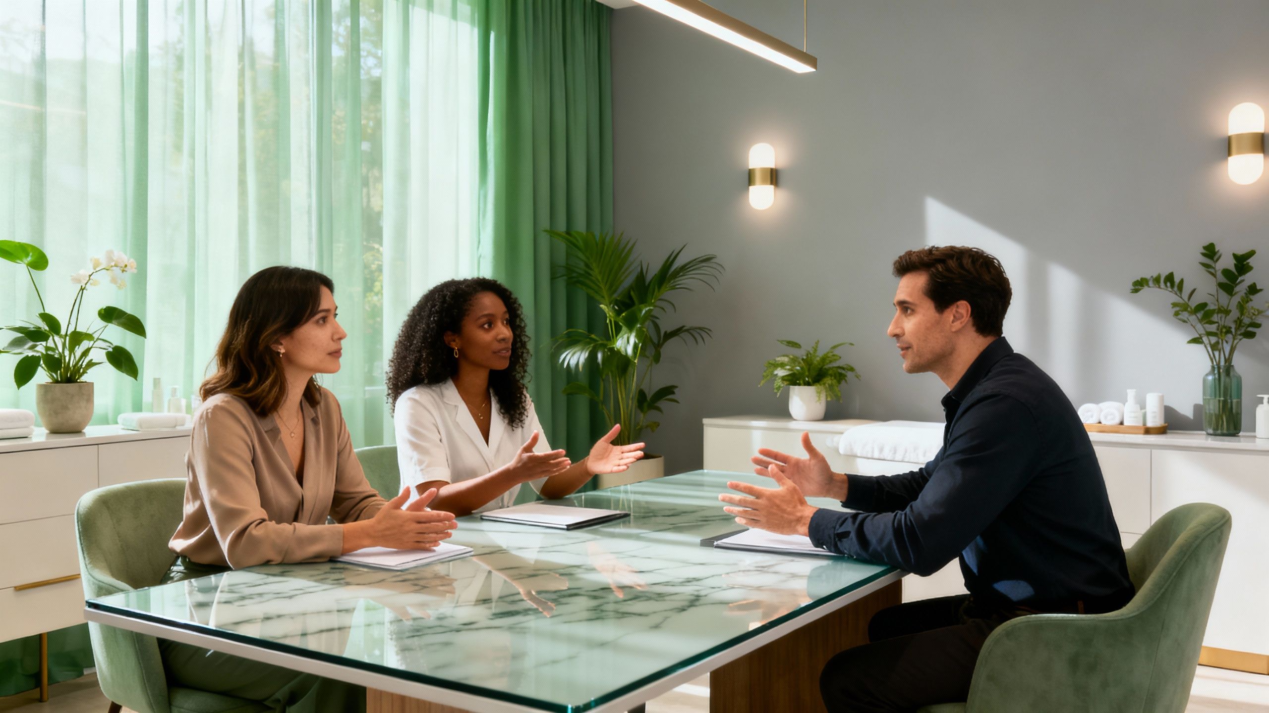 Med spa owners in a meeting discussing business strategy.