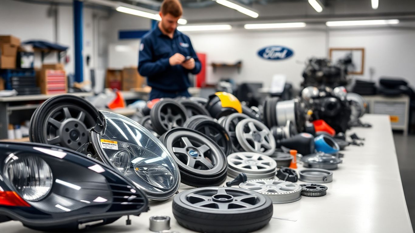 Mechanic choosing Ford car spares in Melbourne workshop