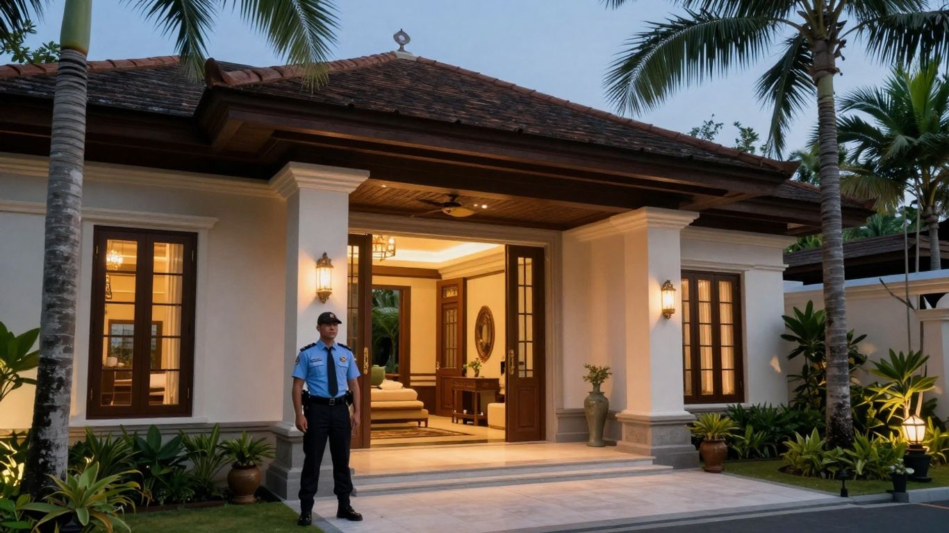 Bali villa security guard at luxury residence entrance.