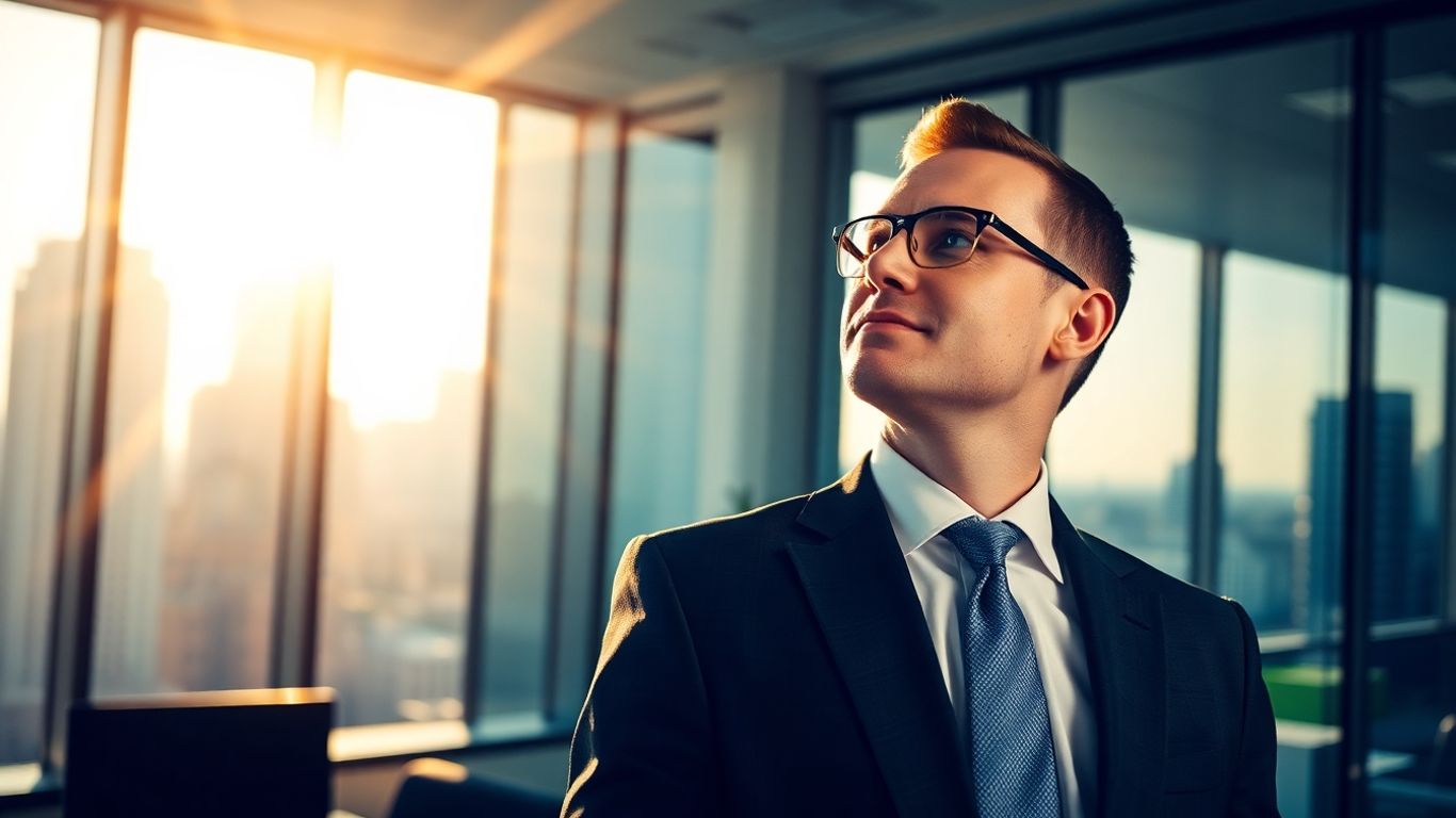 Stock broker in office with city view