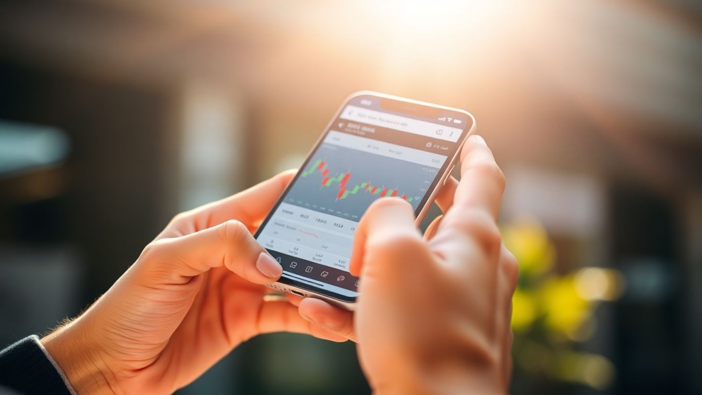 Hands holding a smartphone with a trading app.
