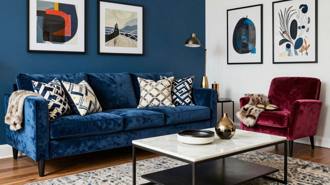 Boldly colored apartment living room with maximalist decor.
