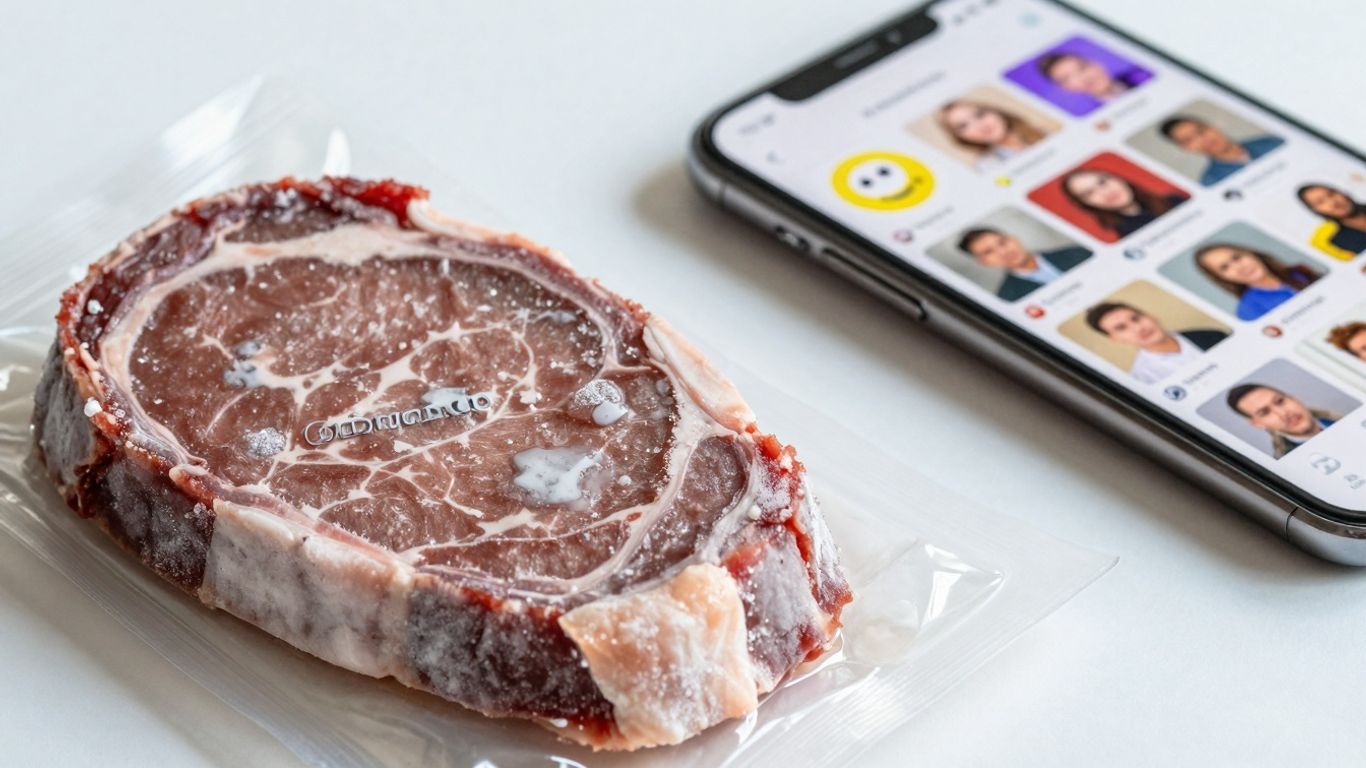 Steak-umm package and social media feed on a phone.