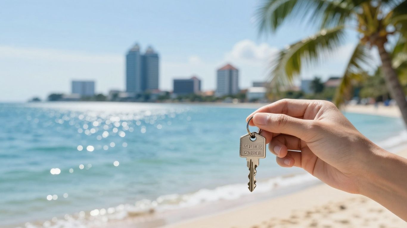 Phuket beach with house key, symbolizing property ownership.