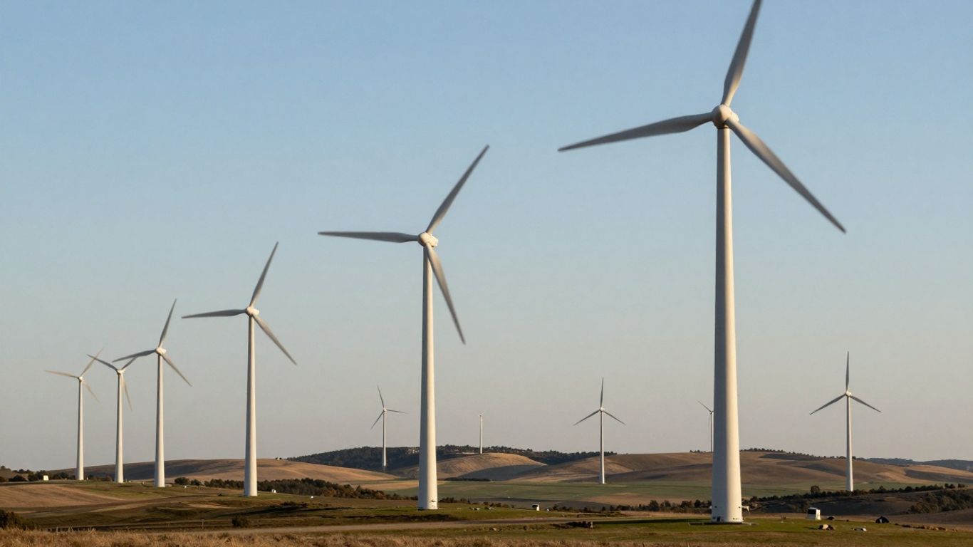 Turbine eoliene pe un deal sub cerul albastru.