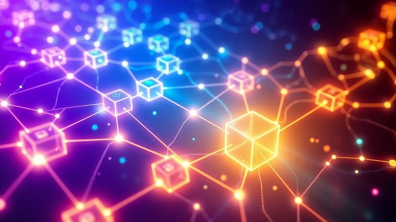 Interconnected glowing digital blocks forming a secure chain.