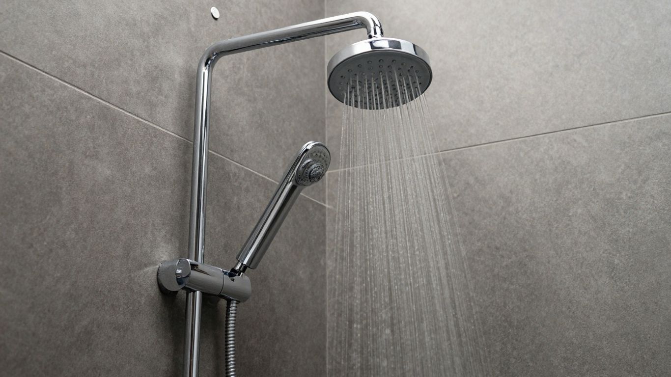 Modern concealed shower with handset in a tiled bathroom.