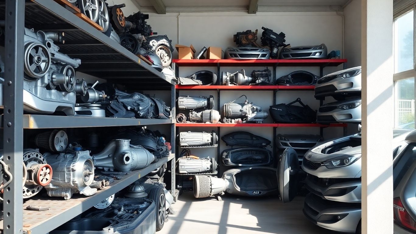 Various clean Kia car parts arranged in a workshop.