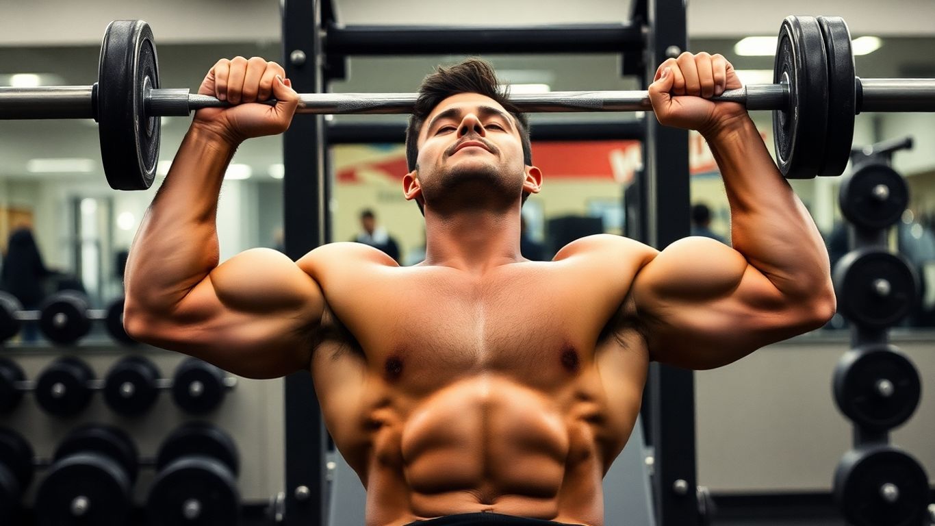 Person performing Smith machine bench press, chest and arm muscles engaged.