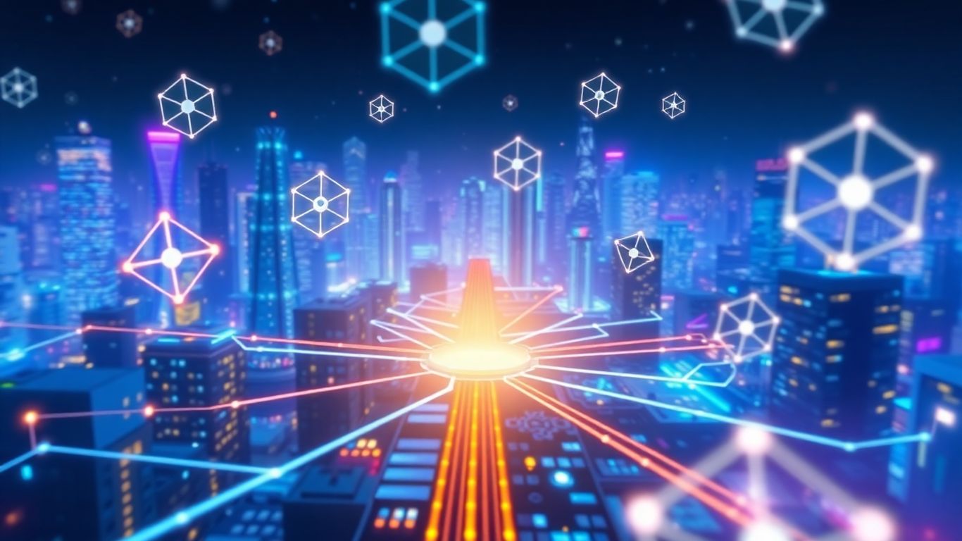 Digital cityscape with interconnected nodes and glowing pathways.