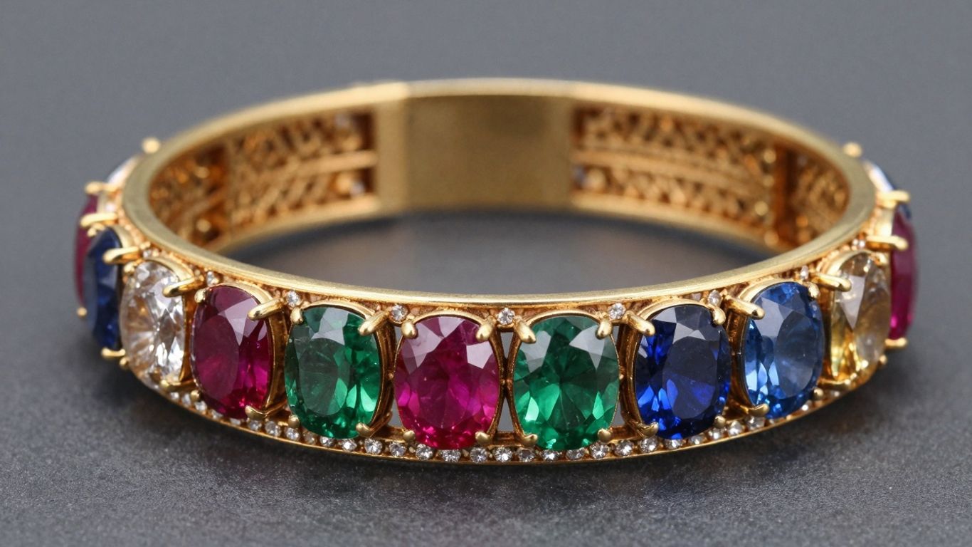 Close-up of ornate Navaratna bangles with nine gemstones.