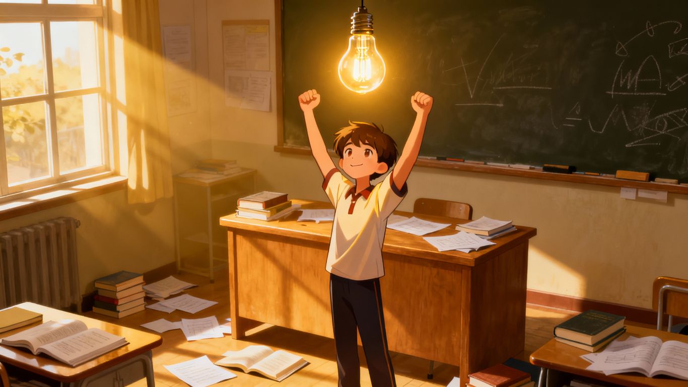 Student achieving a goal with a glowing lightbulb.