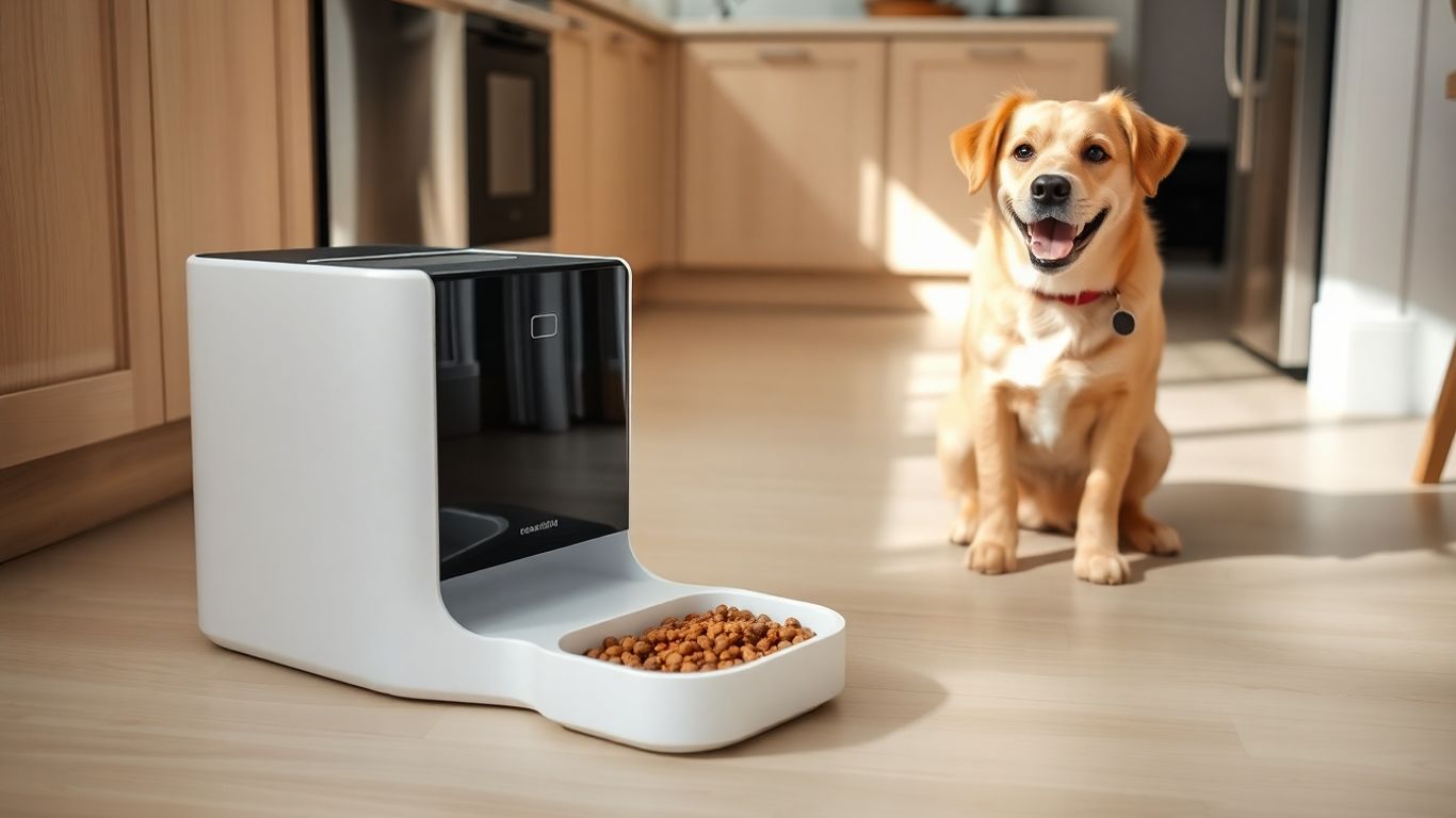 Pet feeder with happy dog or cat nearby