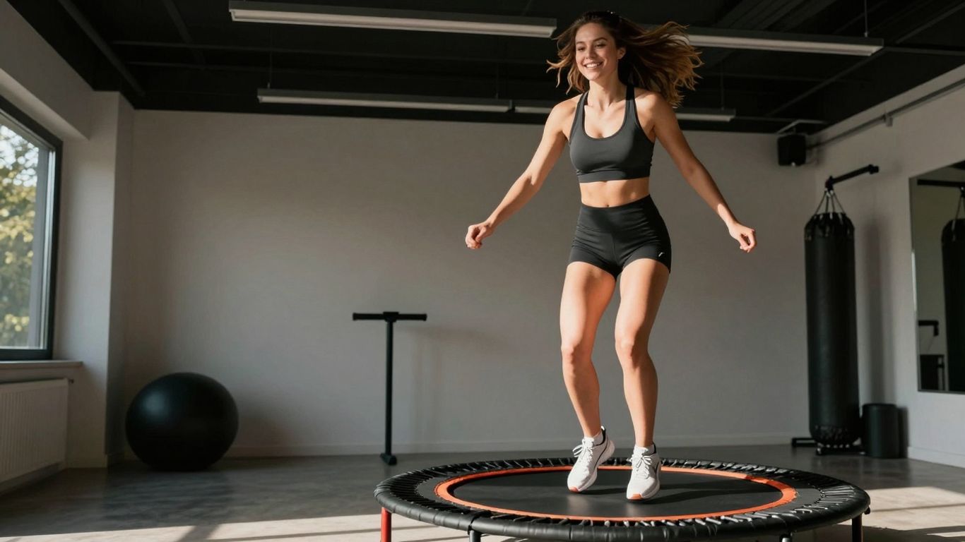 Woman bouncing on a mini trampoline for lymphatic drainage.