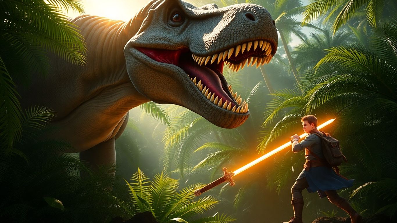 Dinosaur RPG adventure with T-Rex and adventurer.