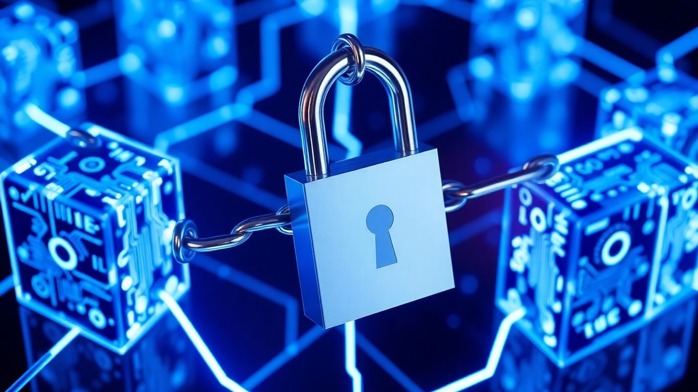 Digital padlock on interconnected blockchain blocks.