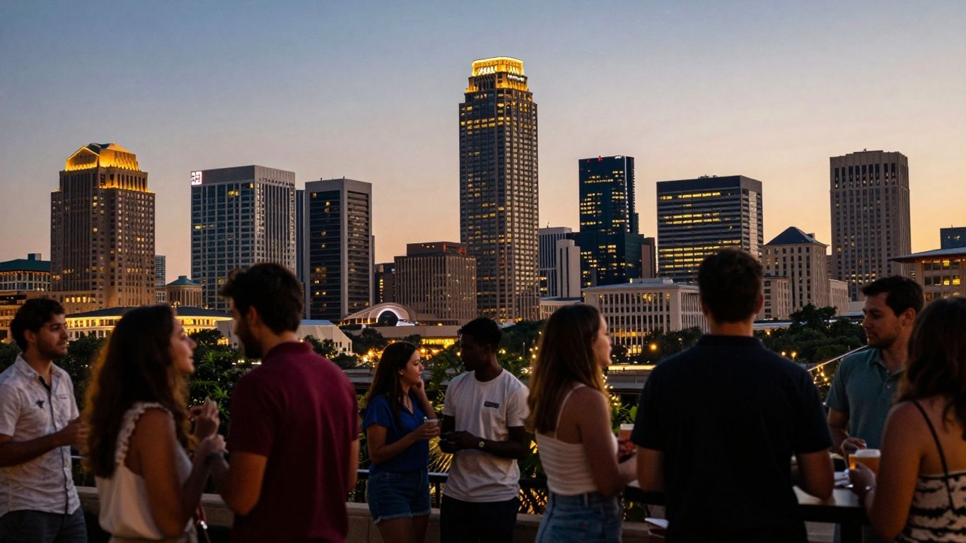 Austin skyline with people mingling at dusk.
