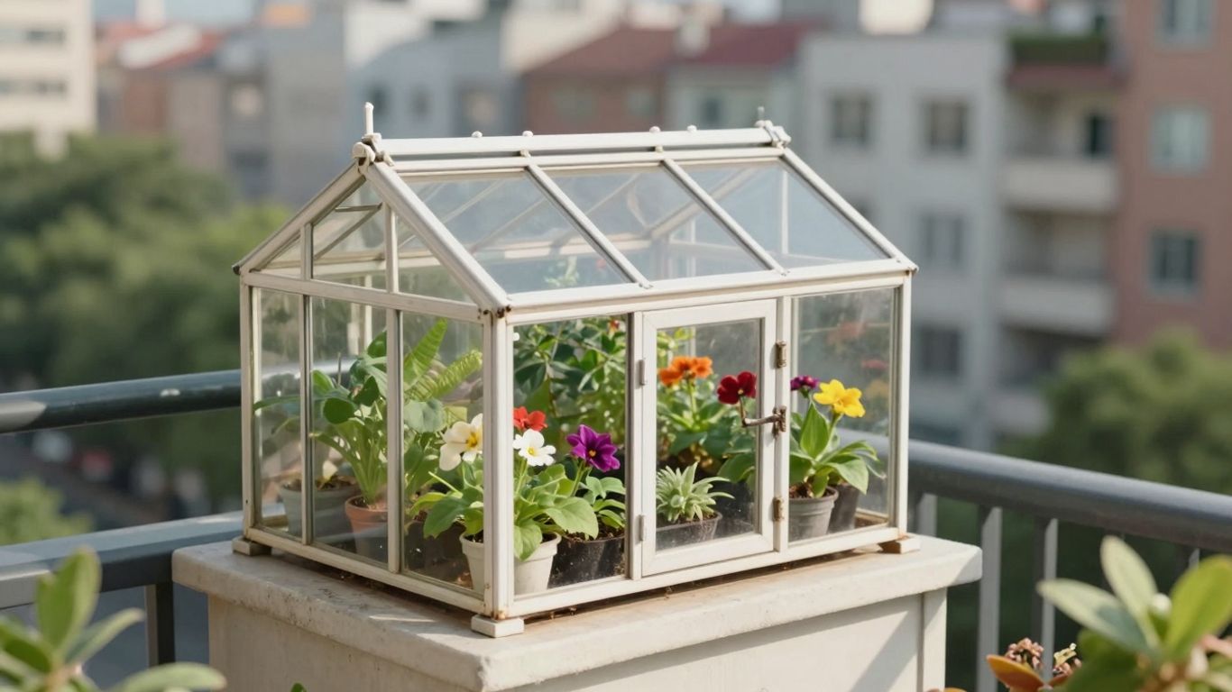 Mini-Gewächshaus auf einem Stadtbalkon mit Pflanzen