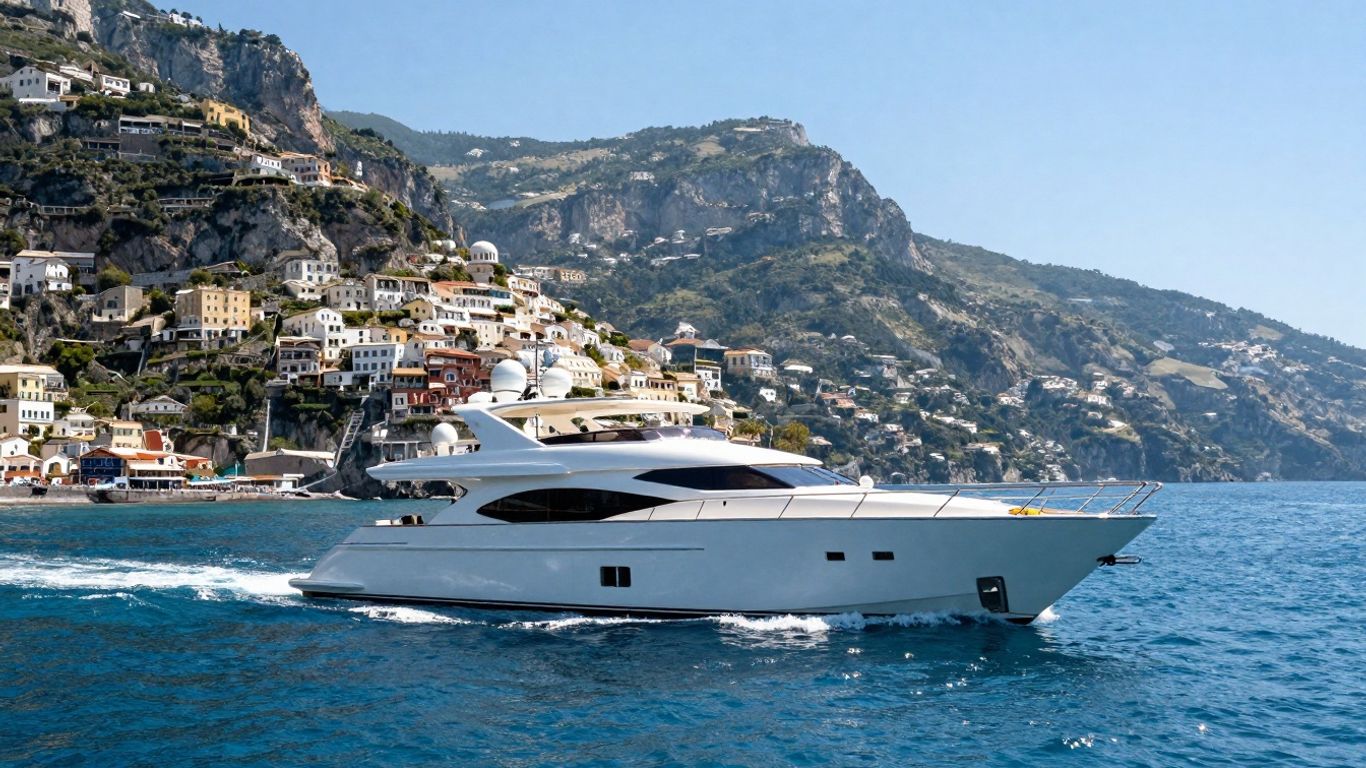 Luxury yacht sailing Amalfi Coast waters with scenic cliffs.