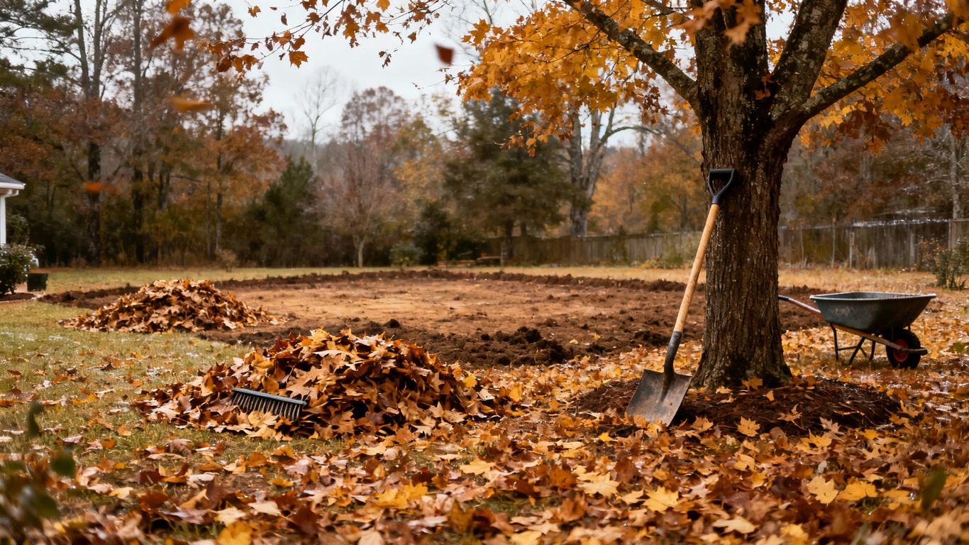 Homeowner preparing yard for winter in LaFayette, GA.